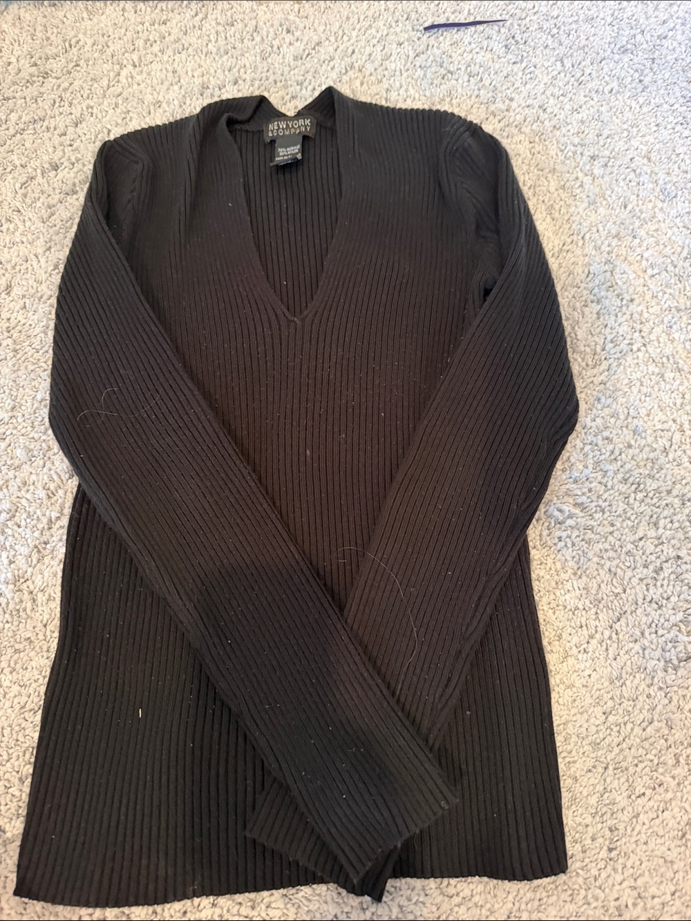 New York & Company Men's Black Ribbed Deep V-Neck Sweater